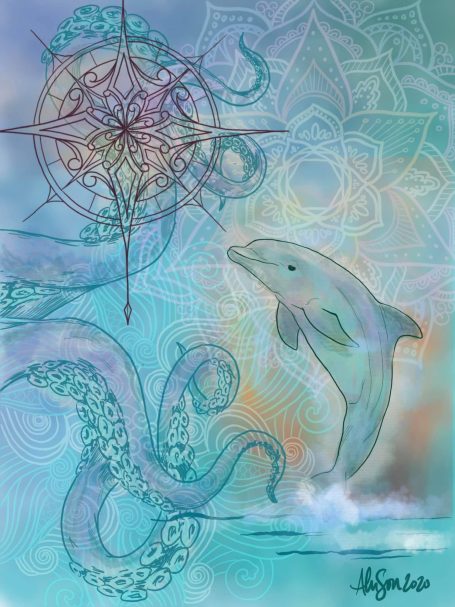 Dolphins Dolphin, rose compass and design on multicolor background.
