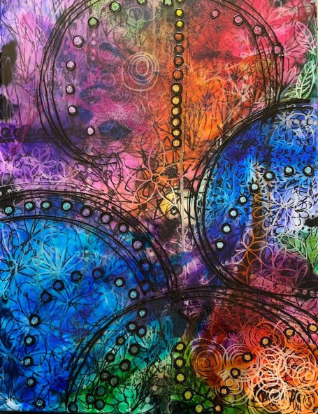 Umtitled Multicolor canvas with abstract circles and swirls.