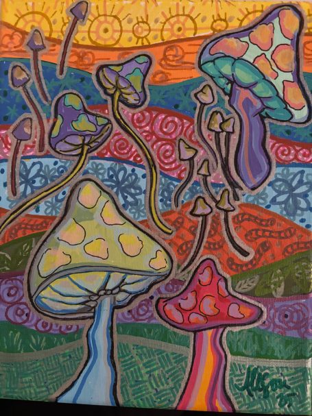 Mushroom, MUSHROOM! Multicolor mushrooms on a decorative background.