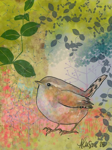 Little Birdy Image of a bird with leaves and abstract background.