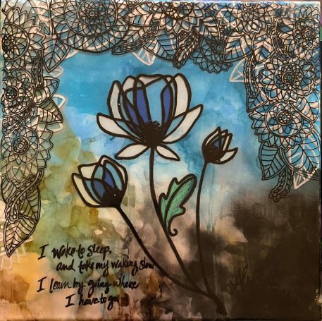 The Bloom Upon My Misery Flowers on a blue and brown background.