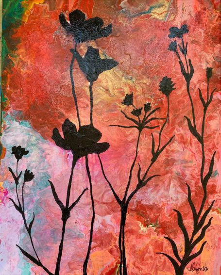 Poppies Silhouettes of flowers on a red background.