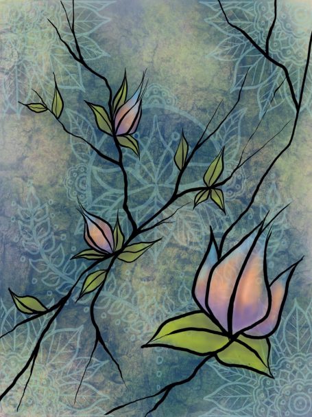 Untitled Flowers and branches on a decorative background.