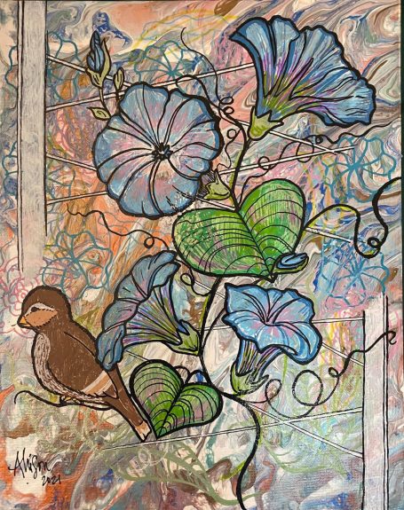 What's the Story? Morning glorie on a multicolor background.