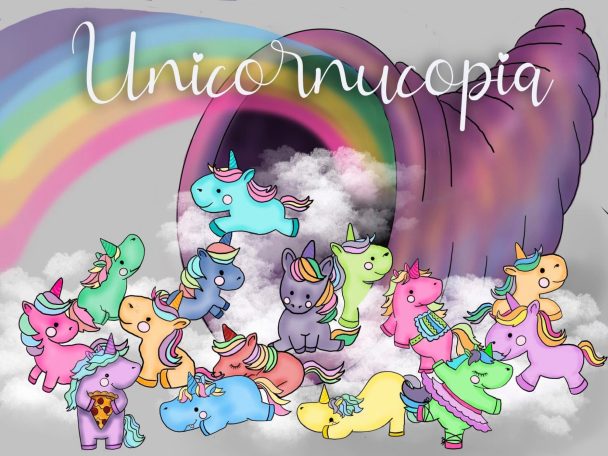 Unicornucopia Tiny unicorns dancing out of a cornucopia